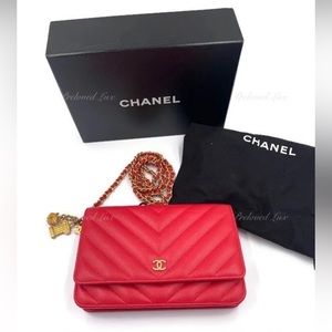 Authentic CHANEL red Caviar Chevron Ancient Greek Charms WOC Bag GHW